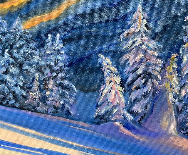 冬の油絵、夕焼けの雪の絵、雪のアートワーク、風景の油絵 - ショップ 