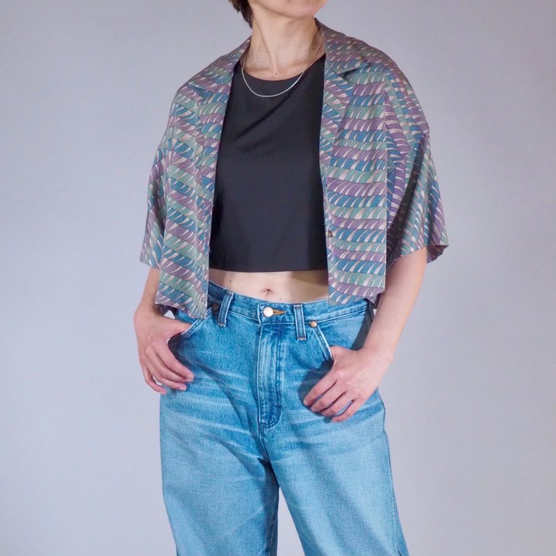 【日本製】summery crop top, Kimono upcycle, dusty blue purple - Women's Shirts - Silk Blue