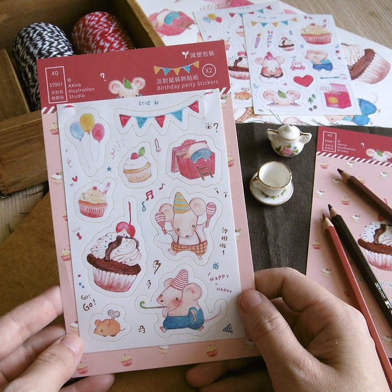 貼紙-派對鼠-裝飾貼2入-手作素材、卡片裝飾、手帳 - 貼紙 - 紙 多色