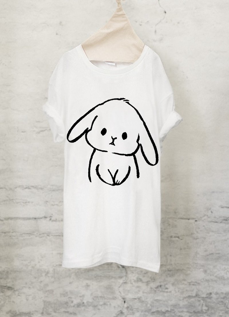 Usagi T-shirt Bunny T-shirt (White / Gray) - เสื้อยืดผู้หญิง - ผ้าฝ้าย/ผ้าลินิน ขาว