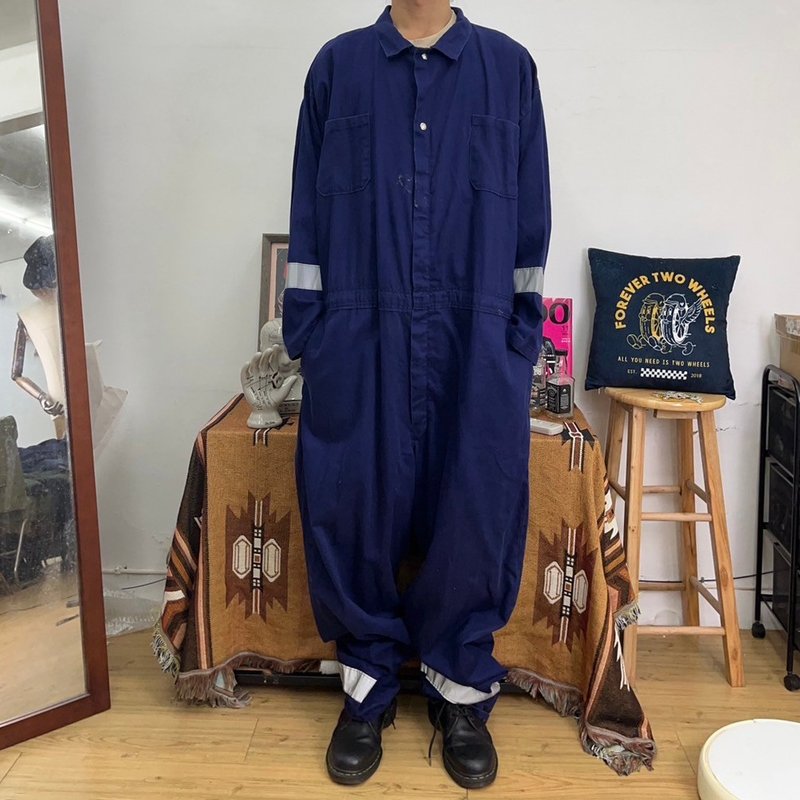 Reflective long-sleeved jumpsuit work pants second-hand vintage dark blue large size - Men's Pants - Cotton & Hemp Blue