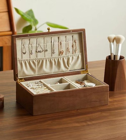 木造工作室 首飾盒 胡桃木雙層分類珠寶盒 防塵飾品盒