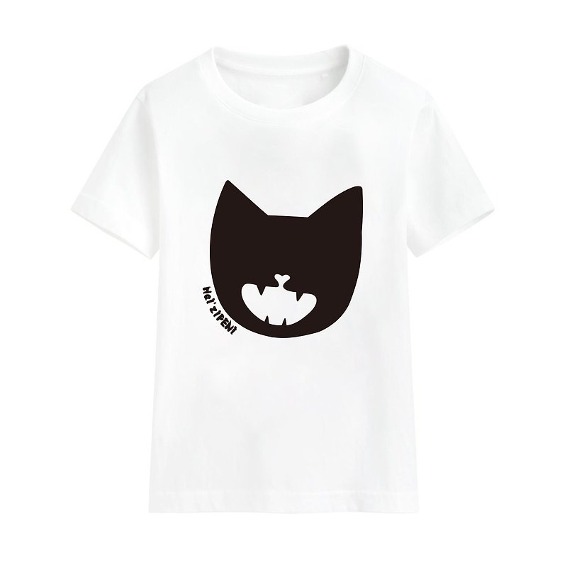Pointy Tooth Cat T-Shirt - เสื้อยืด - ผ้าฝ้าย/ผ้าลินิน ขาว