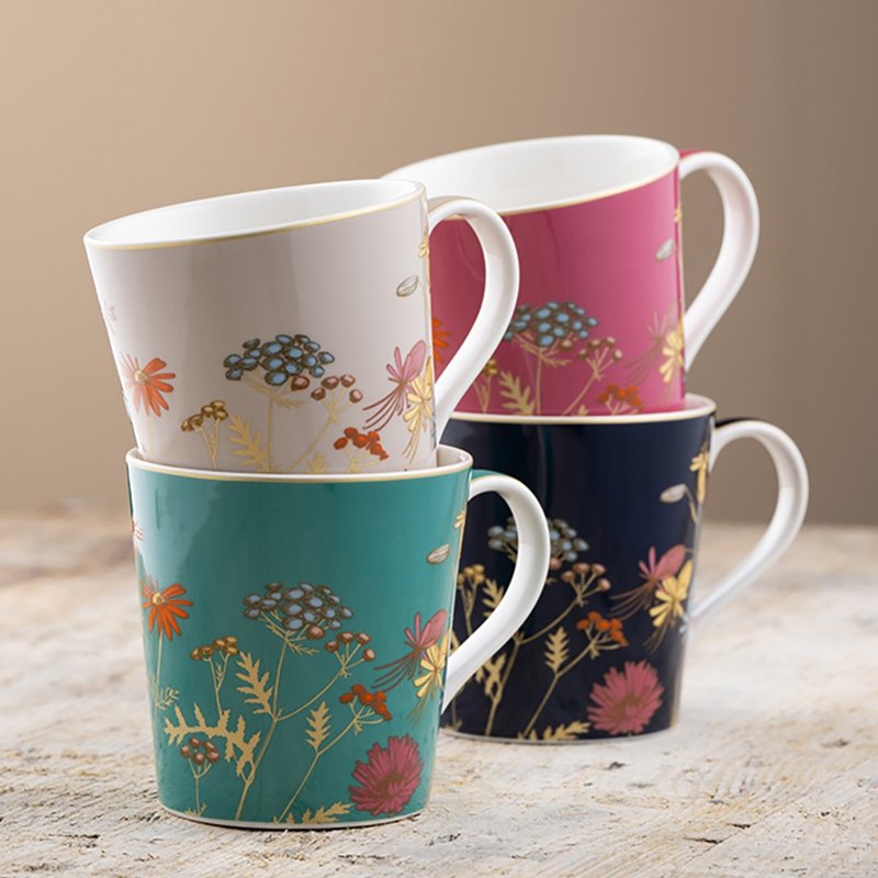 英國Aynsley 金色花卉 陶瓷馬克杯4入組300ml【入厝.結婚禮物】 - 咖啡杯/馬克杯 - 瓷 綠色
