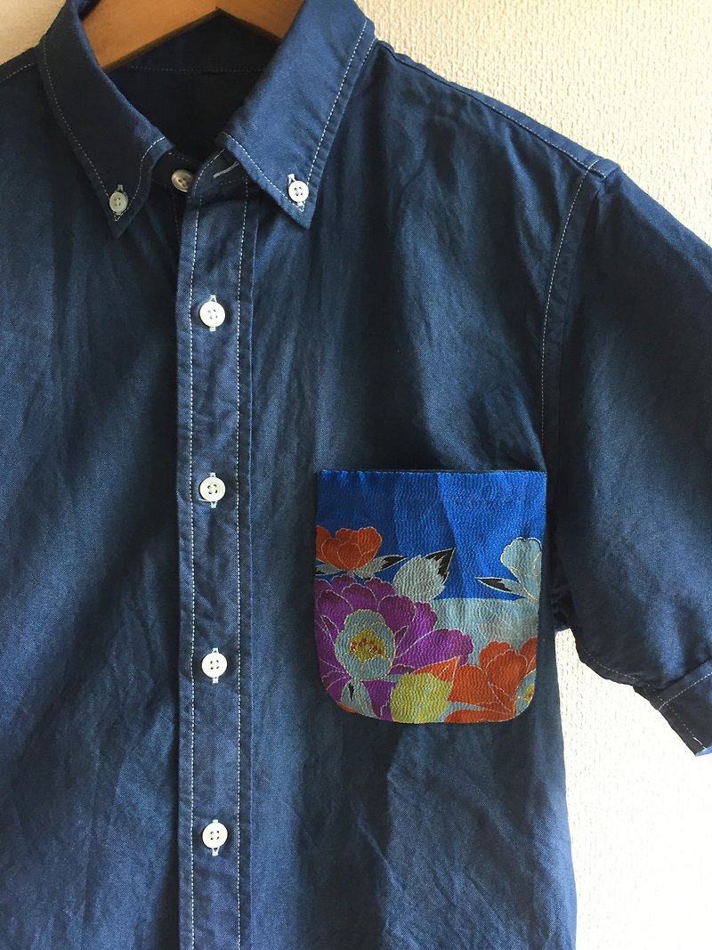 藍染めシャツ シルク着物生地を使用 japanblue aizome aizen silk kimono - 恤衫 - 棉．麻 藍色