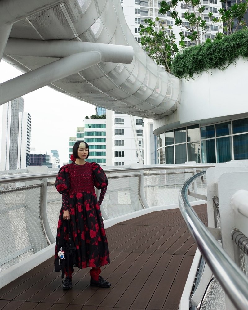 bk-red flower jacquard-organdy fabric layer ruffle dress oversized vintage - 洋裝/連身裙 - 其他材質 多色