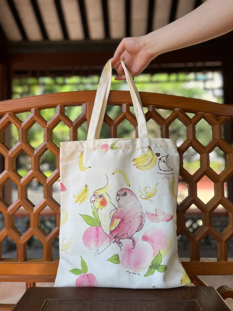 Parrot watercolor style off-white reusable bag - Handbags & Totes - Cotton & Hemp Pink