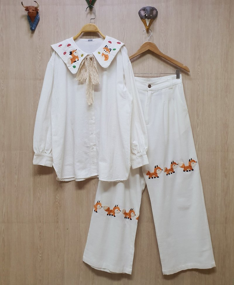 Hand Embroidery Set, Blouse, Pants, Cotton, Fox, Flower, Mushroom, Daisy - Women's Tops - Thread White