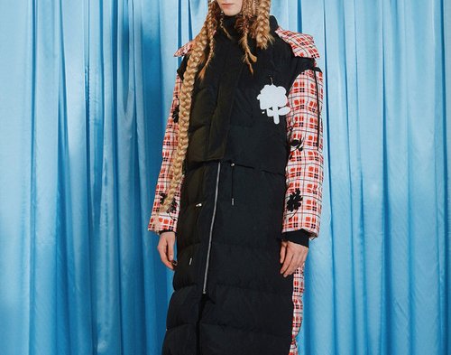 毛哩 Mooly 【微瑕】黑紅格紋/拼接可拆卸厚羽絨服