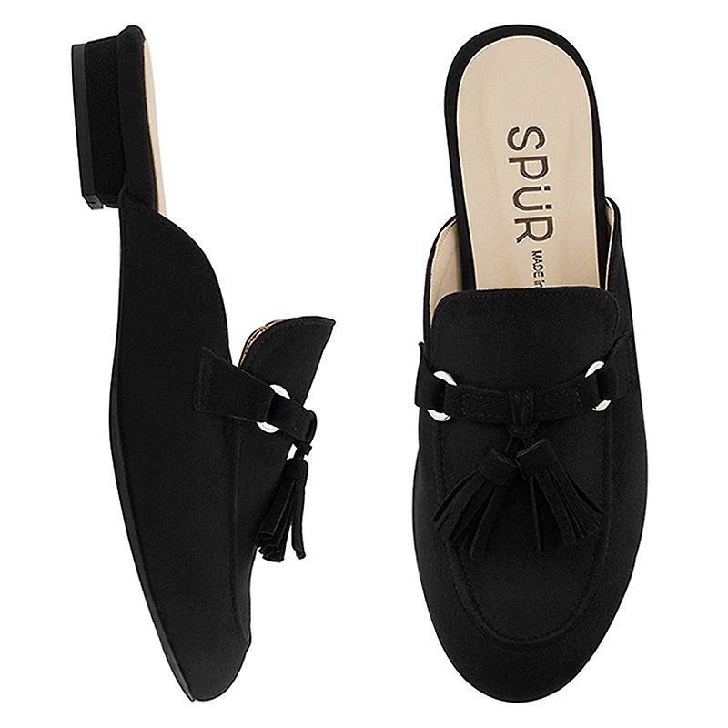 PRE-ORDER - SPUR 皮帶扣流蘇穆勒鞋 MF7014 BLACK - 涼鞋 - 人造皮革 黑色
