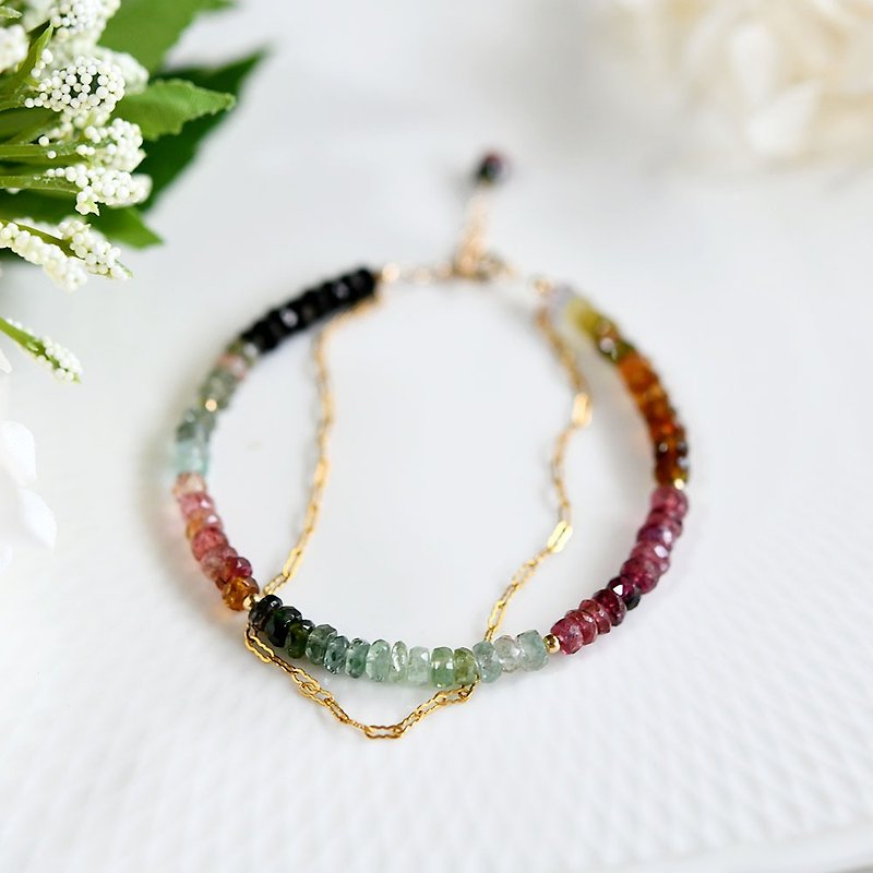 Limited to 5 pieces Multi-colored tourmaline and wave chain double bracelet with adjuster October birthstone - Bracelets - Gemstone Multicolor