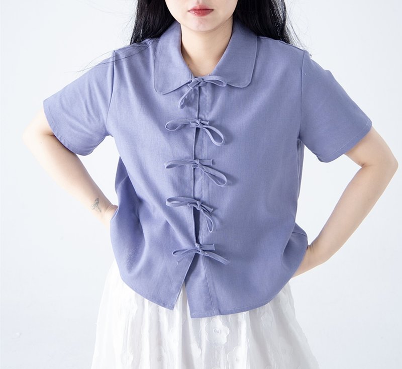 【娃娃領】甜美古著/蝴蝶結襯衫 - 女上衣/長袖上衣 - 其他材質 紫色