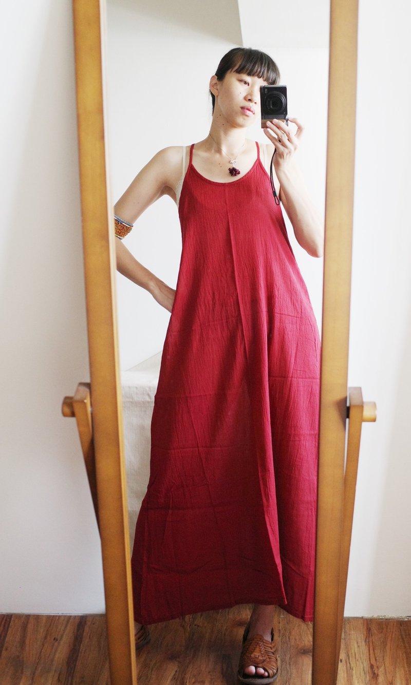 Thai pure cotton Y-shaped spaghetti strap long vest dress in five colors - One Piece Dresses - Cotton & Hemp 