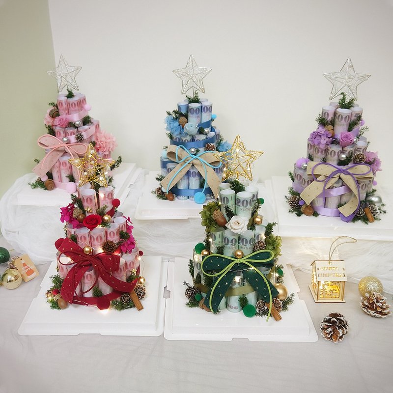 星星聖誕鈔票三層蛋糕/有錢花蛋糕/永生花/聖誕節/鈔票蛋糕 - 乾燥花/永生花 - 植物．花 紅色