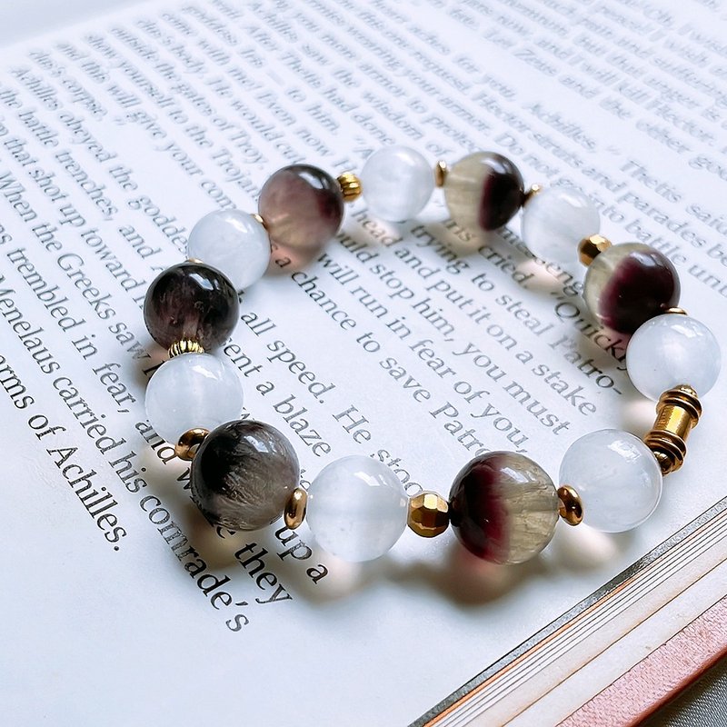 Brilliant Harmony│ Purple Yellow Fluorite Cornucopia Cat’s Eye Gypsum Bronze Bracelet - สร้อยข้อมือ - คริสตัล สีนำ้ตาล