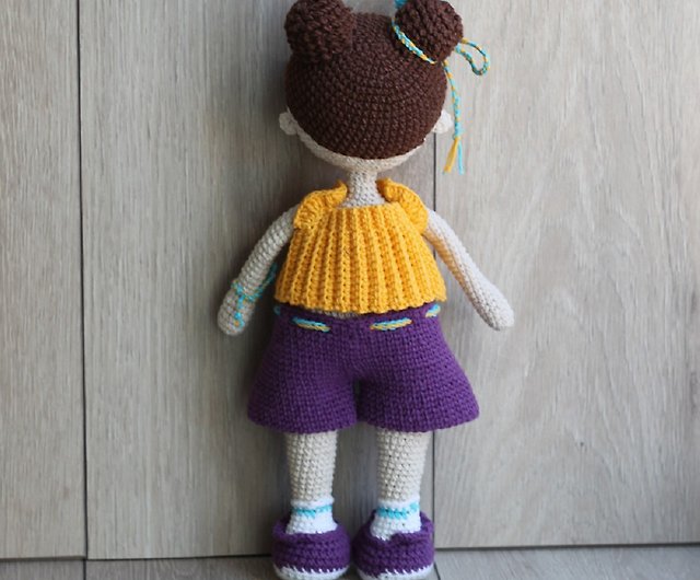 Crochet doll pattern, cute Amigurumi doll with purple dress