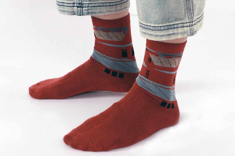 Iceland Roof_Wine red crew socks/ casual socks - Socks - Cotton & Hemp Red
