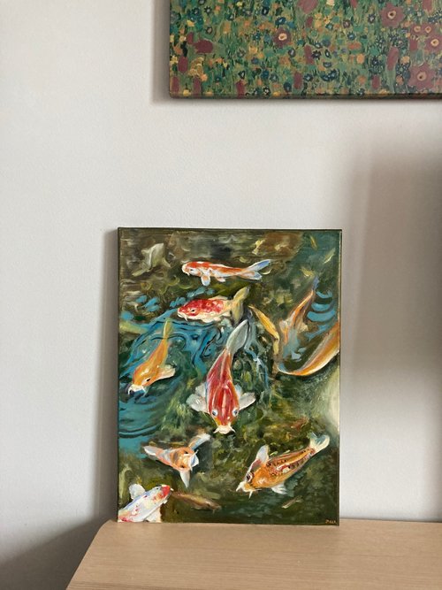 鯉の絵オリジナル、キャンバスに油絵、日本の壁の装飾