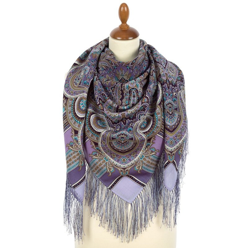 Pavlovo Posad Russian Shawl 100% Wool Scarf 125x125 cm Wrap Silk Fringe 1943-65 - 絲巾 - 羊毛 紫色