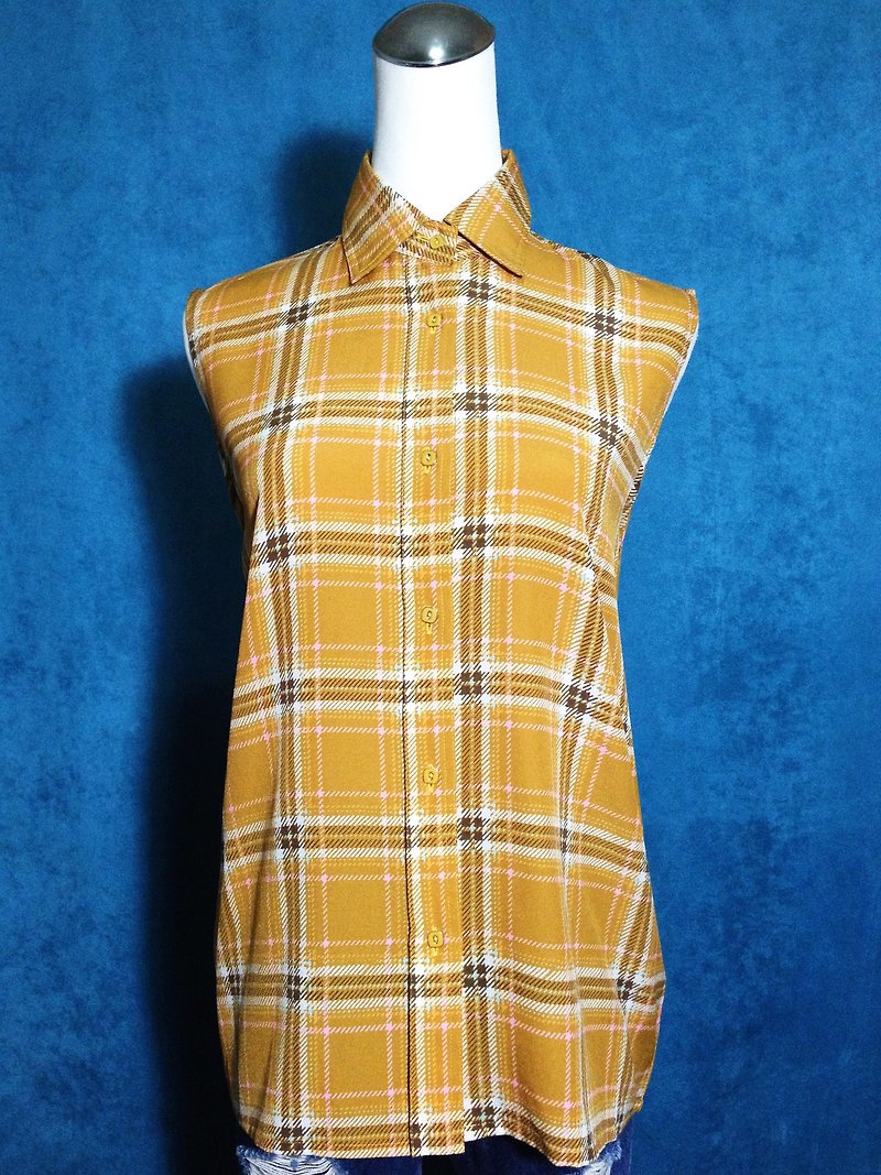 Ping-pong vintage [vintage shirt / British style pattern sleeveless vintage shirt] abroad back VINTAGE - Women's Shirts - Polyester Yellow