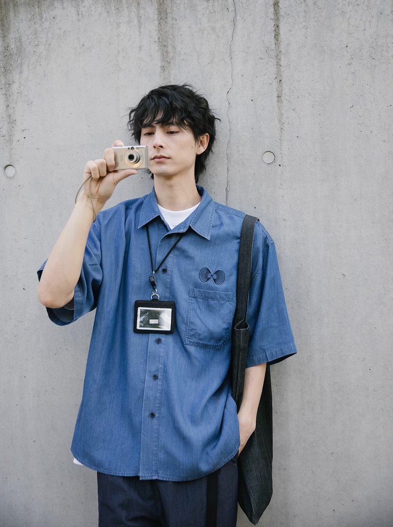 夏日的回聲 日系復古刺繡天絲牛仔襯衫 - 男襯衫/休閒襯衫 - 其他材質 藍色