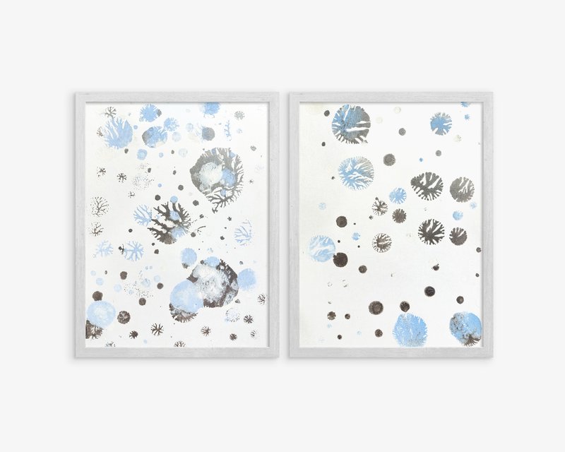 Gallery wall set of 2 Monotype print Blue silver abstract snowflakes Winter art - Posters - Paper Blue