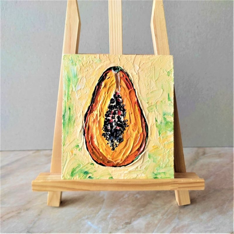 Mini painting papaya fruit painting Textured painting Kitchen wall decoration - 壁貼/牆壁裝飾 - 壓克力 綠色