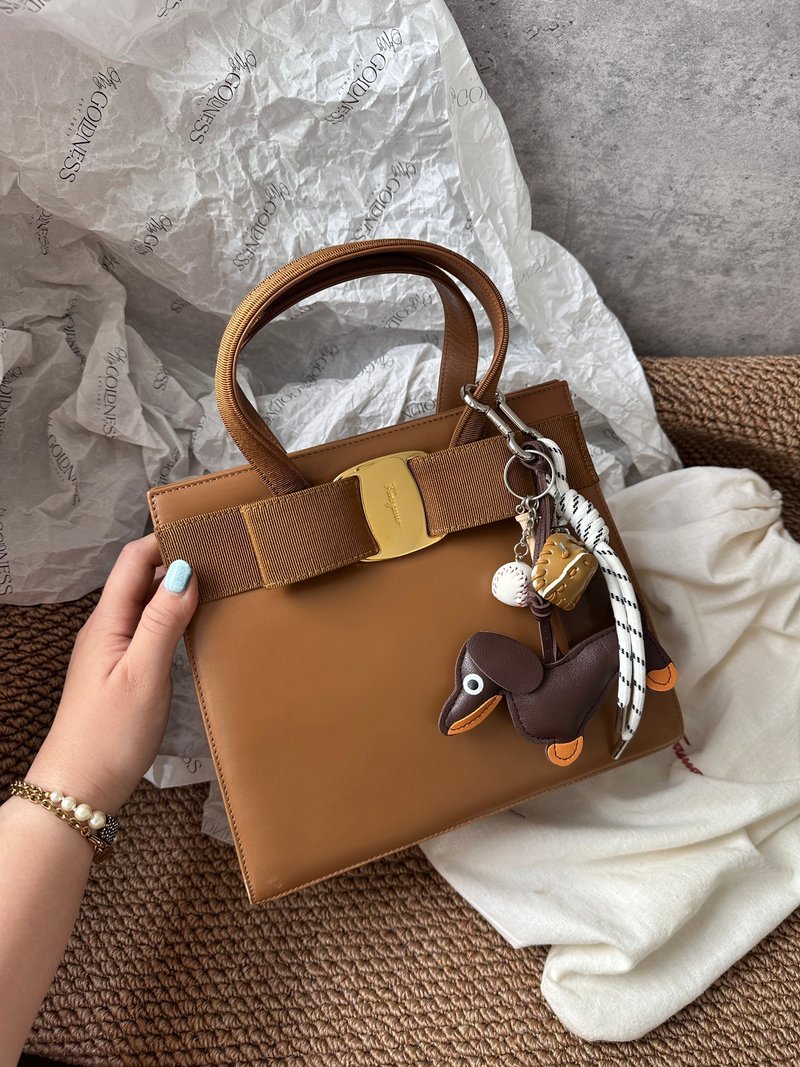 中古包 Ferragamo 菲拉格慕 棕色蝴蝶結Logo手提包 - 手提包/手提袋 - 真皮 咖啡色