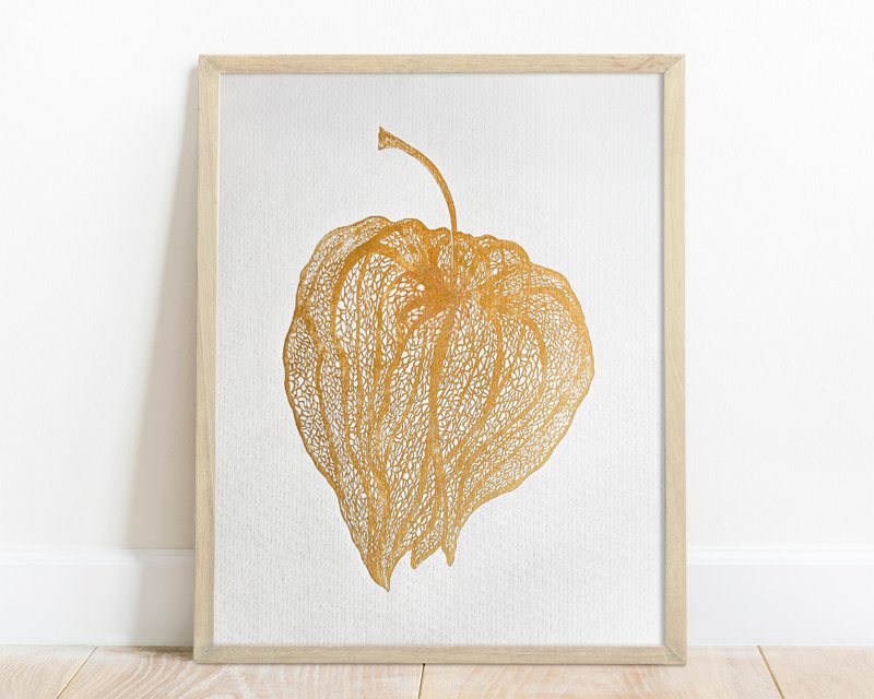Gold and white Physalis plant Linocut print Floral wall art Original artwork - 海報/掛畫/掛布 - 紙 金色