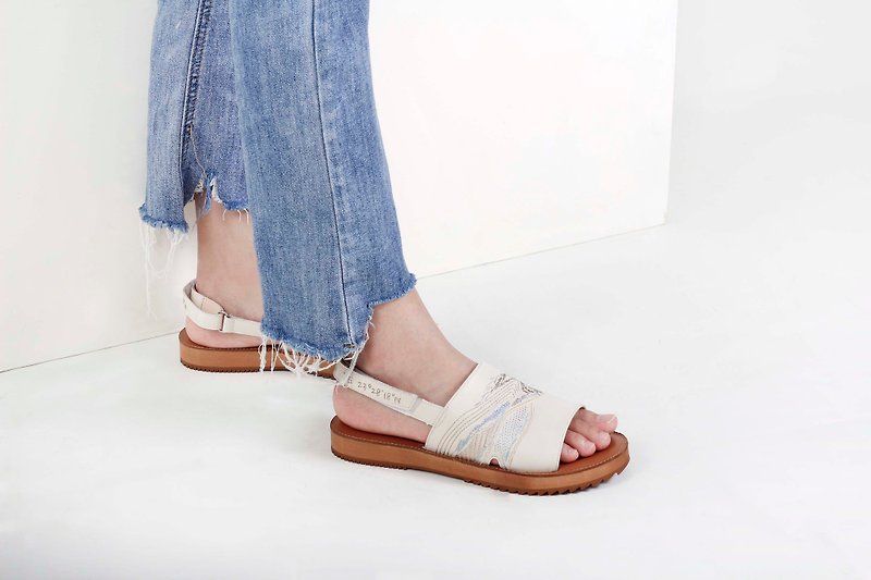 Embroidered one-word wide sandals-Mountain Dreamland/Off-white - Sandals - Genuine Leather White