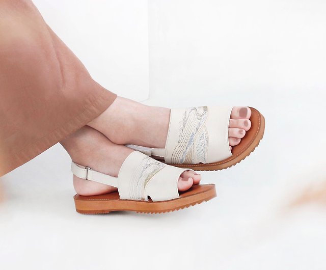 Embroidered one-word wide sandals-Mountain Dreamland/Off-white - Shop Hsiu  Handmade Embroidered Shoes Sandals - Pinkoi