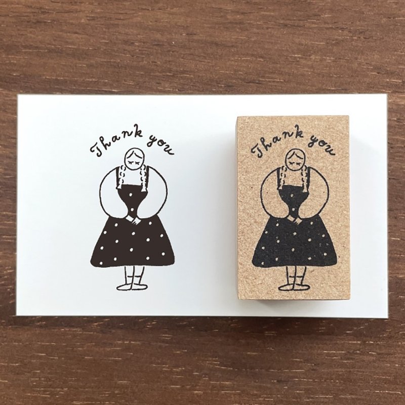 Marl-chan illustration stamp Thank you Rubber stamp girl Made in Japan a-095 - Stamps & Stamp Pads - Wood Brown