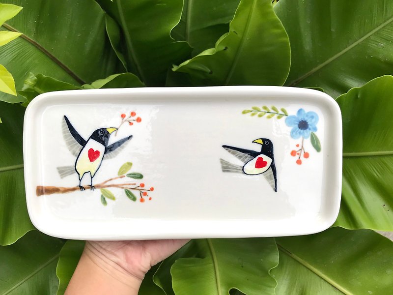 Love bird underglaze painted hand pinch - Plates & Trays - Porcelain Multicolor