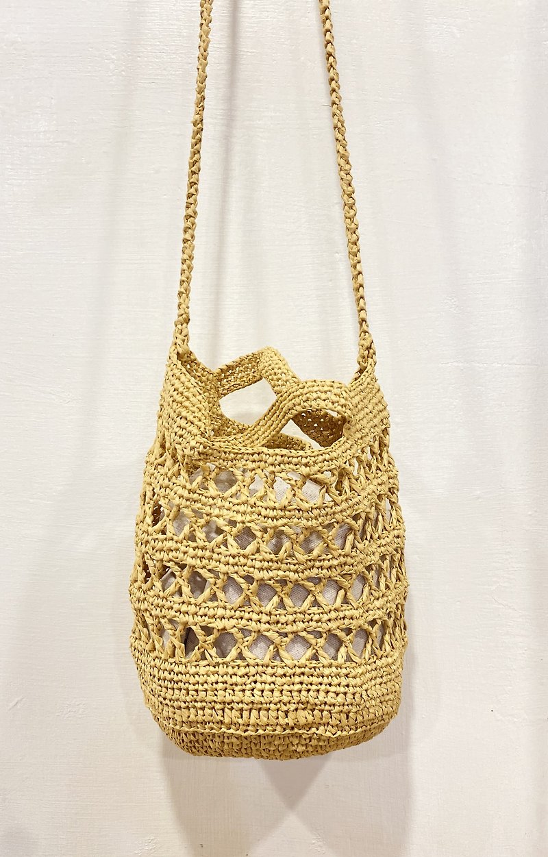 【Good Day Handmade】Handmade. Summer handwoven side backpack with hollow design Korean gift - Handbags & Totes - Paper Orange