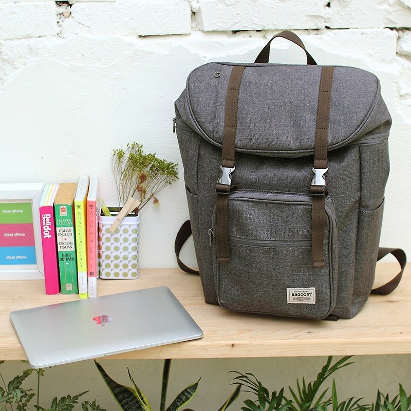 Hemp sense of double deduction backpack (14 '' Laptop OK) - hemp coffee _100398-11 - กระเป๋าเป้สะพายหลัง - ผ้าฝ้าย/ผ้าลินิน สีนำ้ตาล