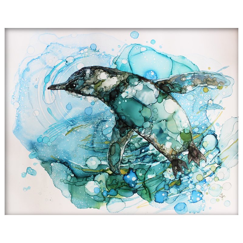 Penguin seabird ocean sea original painting 40*50cm - Wall Décor - Other Materials Blue