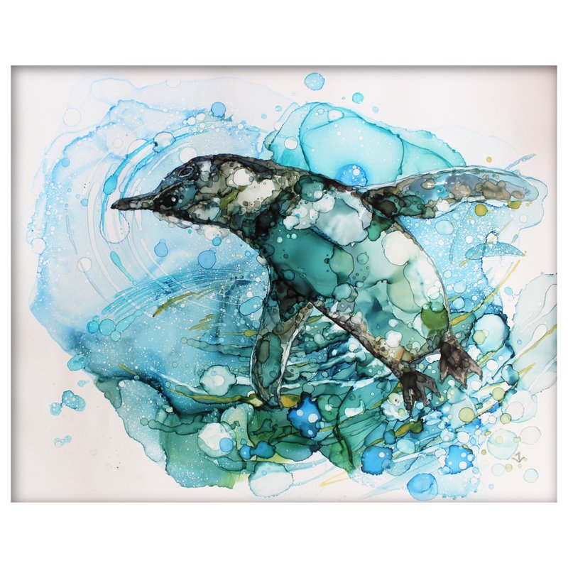 Penguin seabird ocean sea original painting 40*50cm - ตกแต่งผนัง - วัสดุอื่นๆ สีน้ำเงิน