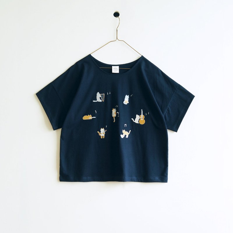 cat folk band t-shirt : navy - 女 T 恤 - 棉．麻 藍色