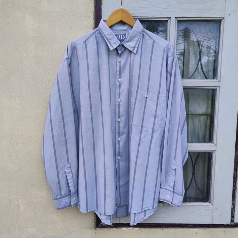 Vintage 80s Levis San Francisco- Classic Long Sleeve Button Up Striped Shirt - เสื้อเชิ้ตผู้ชาย - ผ้าฝ้าย/ผ้าลินิน สีเทา