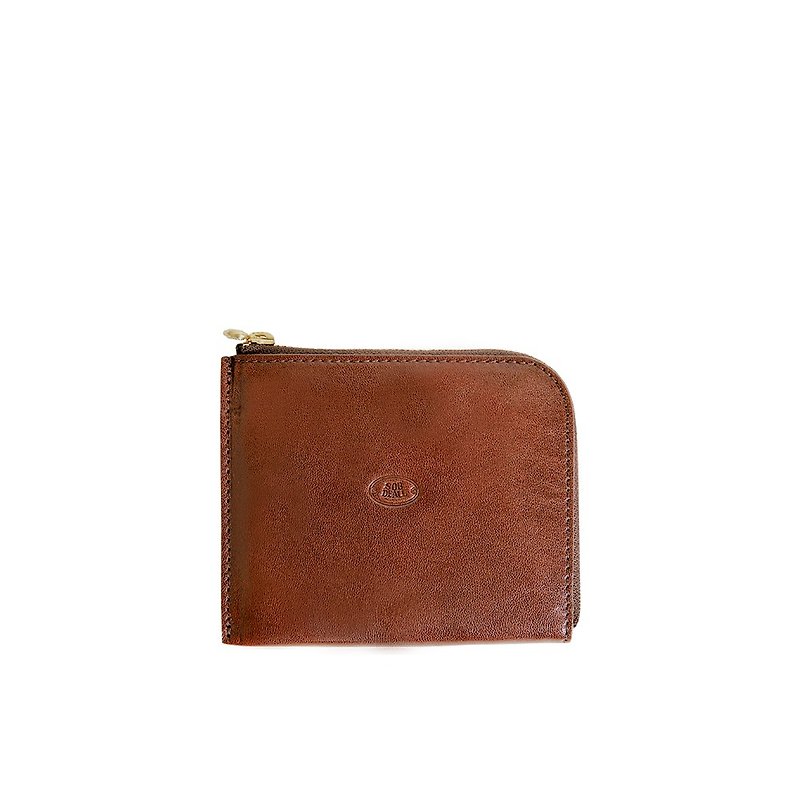 【SOBDEALL】L-shaped zipper coin bag - Coin Purses - Genuine Leather Brown