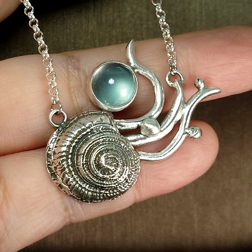 善觀手作 墜子 天然 綠 葡萄石 貝殼 海螺 項鍊 925銀飾 寶石 飾品 首飾