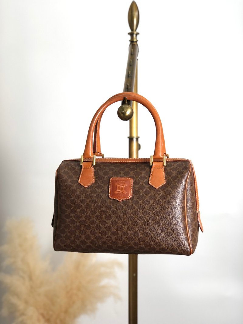 [Direct from Japan, branded used bag] CELINE Macadam handbag, Brown blazer, embossed PVC leather, mini Boston bag, vintage iffx2u - กระเป๋าถือ - วัสดุกันนำ้ สีนำ้ตาล