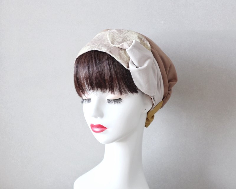 Light line flower lover sash ribbon and French beige hair turban Medical hat/care hat Care cap - เครื่องประดับผม - ผ้าฝ้าย/ผ้าลินิน สีเหลือง