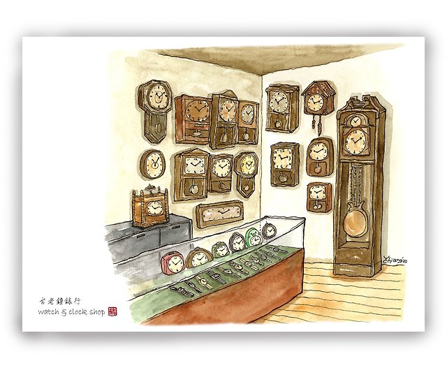 手描きイラストユニバーサルカード ポストカード カード イラストカード 台湾レトロノスタルジア 古い時計店 ショップ Dudoshop カード はがき Pinkoi