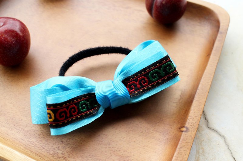 Ethnic pattern bow hair tie/sky blue - Hair Accessories - Other Materials Blue