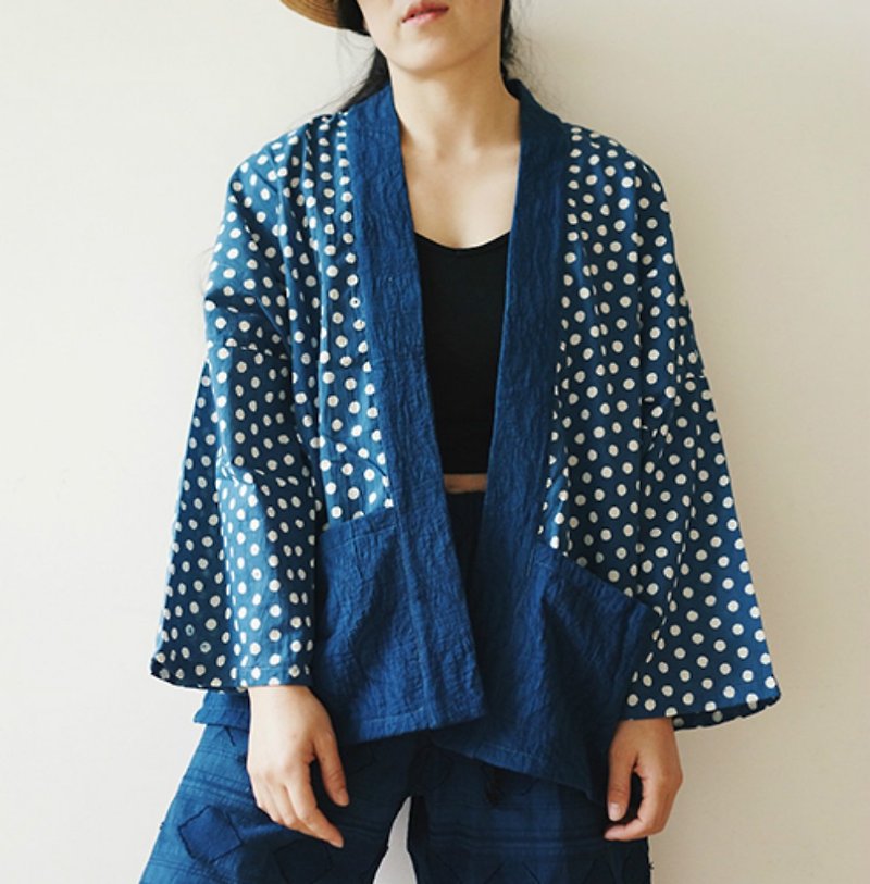Japanese Noragami breathable sunscreen clothing Indigo India hand-printed thin cotton sermon gown and style Kimino - Women's Casual & Functional Jackets - Cotton & Hemp Blue