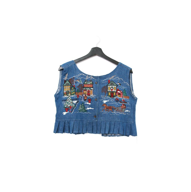 Back to Green-丹寧刺繡背心 冬季村莊 馬車 dv-18//vintage vest - 背心/無袖上衣 - 棉．麻 