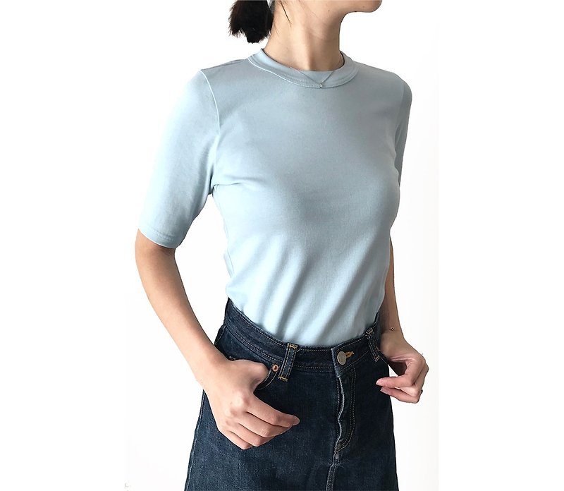 Ribbed knitting cut adult adhering to shape  LIGHT BLUE - Women's T-Shirts - Cotton & Hemp Gray