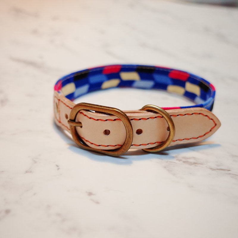 Dog collar No. L retro pop style love blue pink Japanese cloth with bells can be purchased with tag - ปลอกคอ - หนังแท้ 