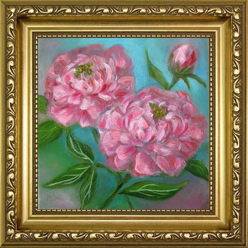 Peonies original oil painting small size stretched canvas, Livingroom decoration - Wall Décor - Other Materials Multicolor